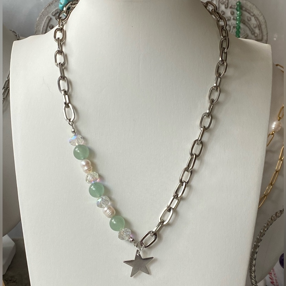 Star charm necklace with freshwater pearls, jade, ab crystal